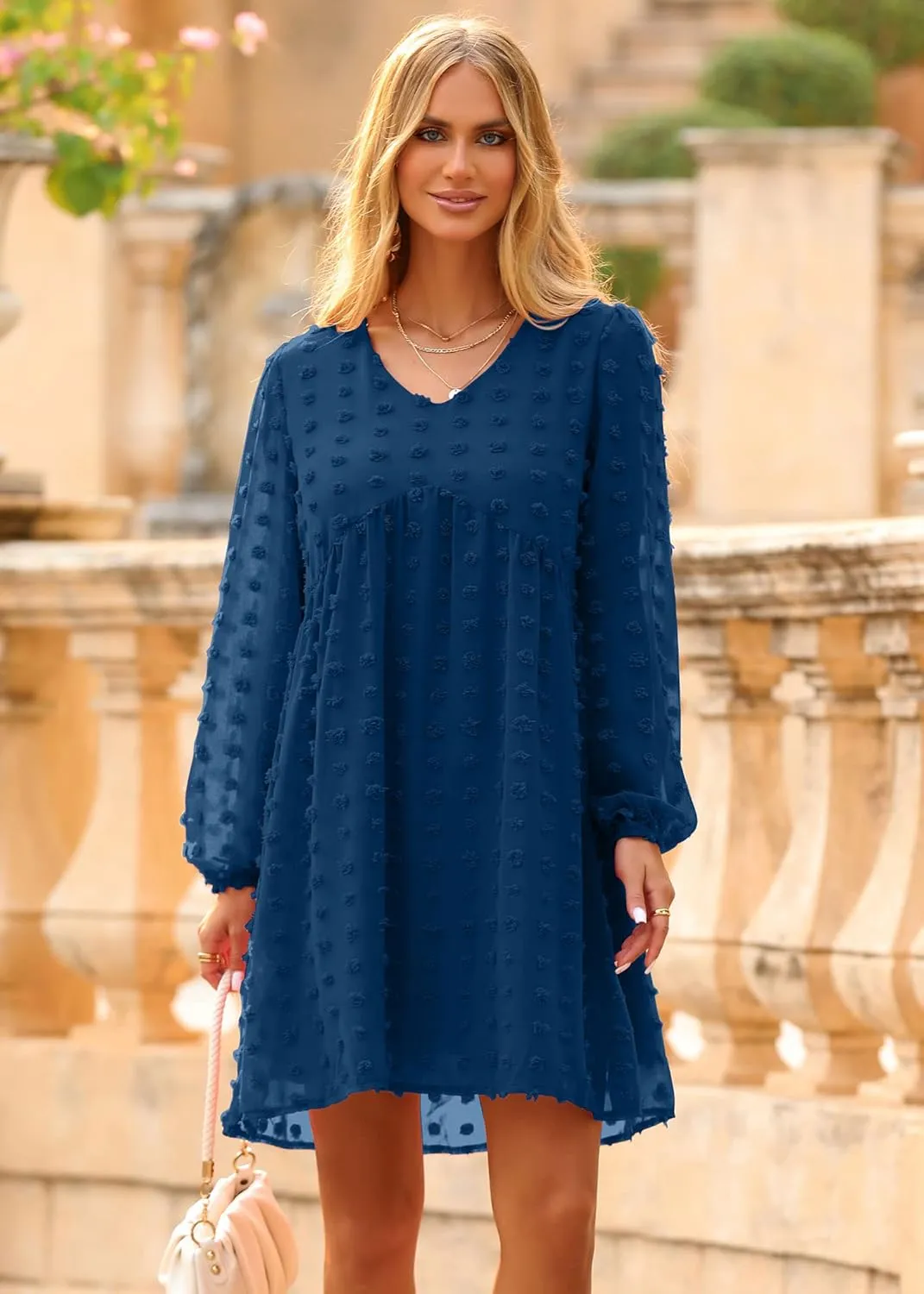 KIRUNDO Womens Dresses 2024 Spring Summer Long Sleeve Mini Dress V Neck Flowy Casual Swiss Dot Loose Babydoll Dress