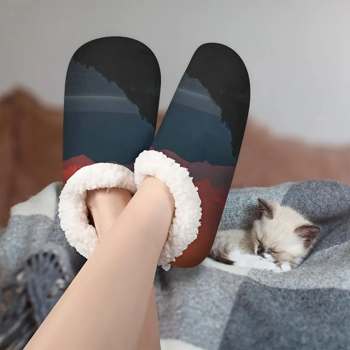 KOBLEN Beautiful Twilight Mountain Slippers for Women House Shoes with Fleece Lining Wide Comfy Full Slippers Lightweight Cozy Loafer with Rubber Sole Unisex Slippers Adults for Indoor Outdoor