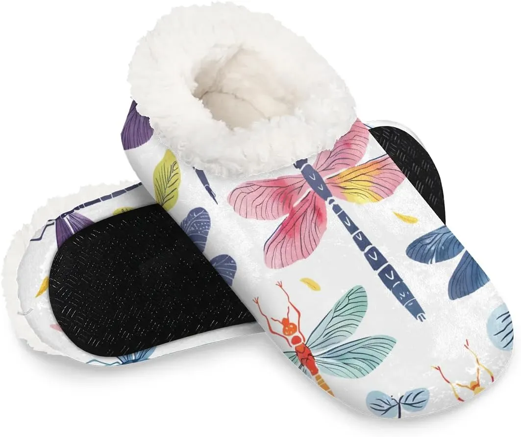 KOBLEN Dragonfly Leaves Line Slippers for Women House Shoes with Fleece Lining Wide Comfy Full Slippers Lightweight Cozy Loafer with Rubber Sole Unisex Slippers Adults for Indoor Outdoor