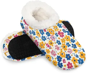 KOBLEN Drawing Flower Slippers for Women House Shoes with Fleece Lining Wide Comfy Full Slippers Lightweight Cozy Loafer with Rubber Sole Unisex Slippers Adults for Indoor Outdoor
