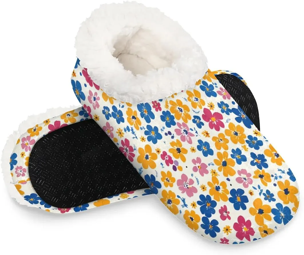 KOBLEN Drawing Flower Slippers for Women House Shoes with Fleece Lining Wide Comfy Full Slippers Lightweight Cozy Loafer with Rubber Sole Unisex Slippers Adults for Indoor Outdoor