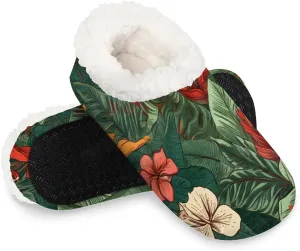KOBLEN Leaf Flower Painting Slippers for Women House Shoes with Fleece Lining Wide Comfy Full Slippers Lightweight Cozy Loafer with Rubber Sole Unisex Slippers Adults for Indoor Outdoor