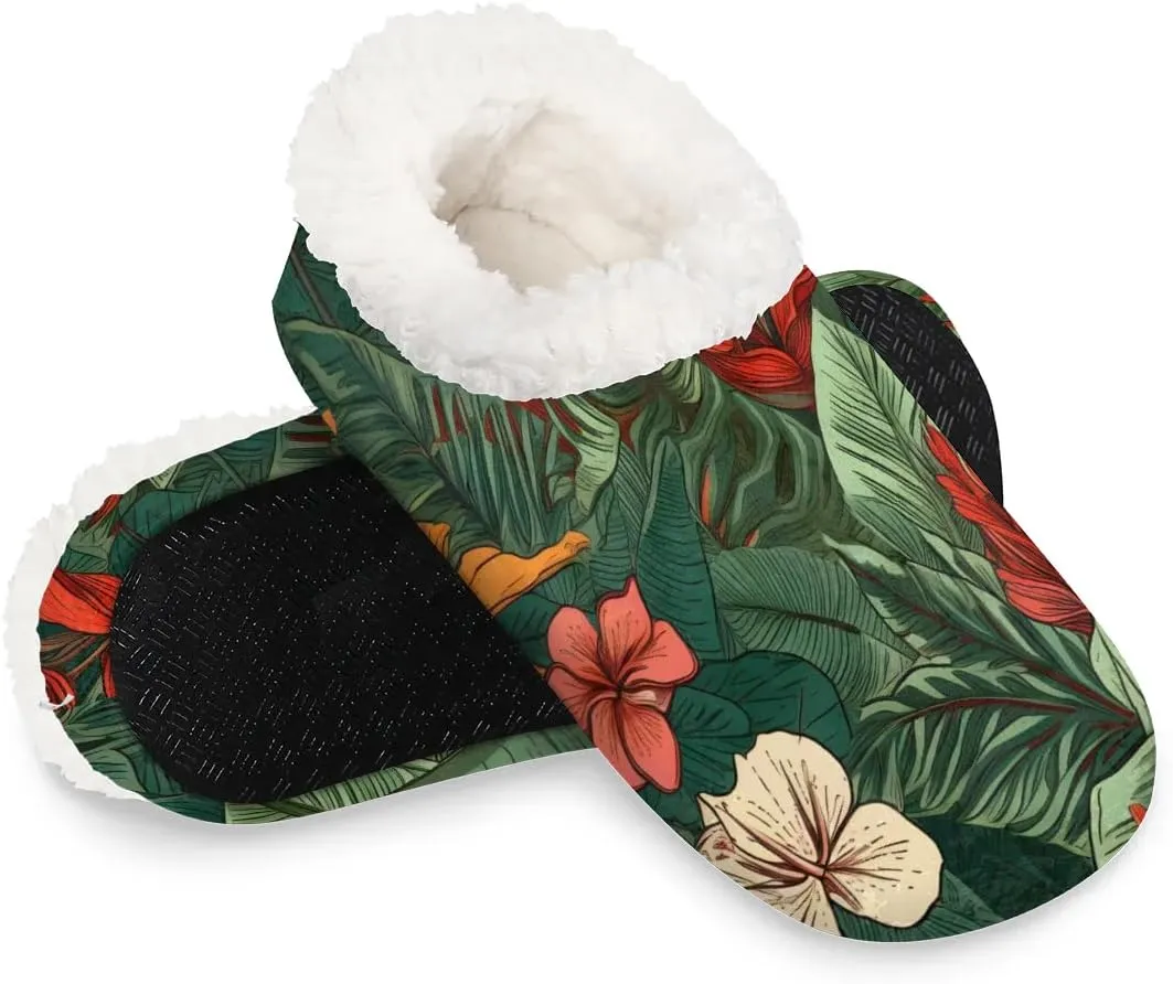 KOBLEN Leaf Flower Painting Slippers for Women House Shoes with Fleece Lining Wide Comfy Full Slippers Lightweight Cozy Loafer with Rubber Sole Unisex Slippers Adults for Indoor Outdoor