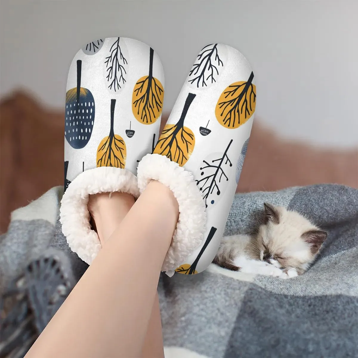 KOBLEN Plant Trees Paint Slippers for Women House Shoes with Fleece Lining Wide Comfy Full Slippers Lightweight Cozy Loafer with Rubber Sole Unisex Slippers Adults for Indoor Outdoor