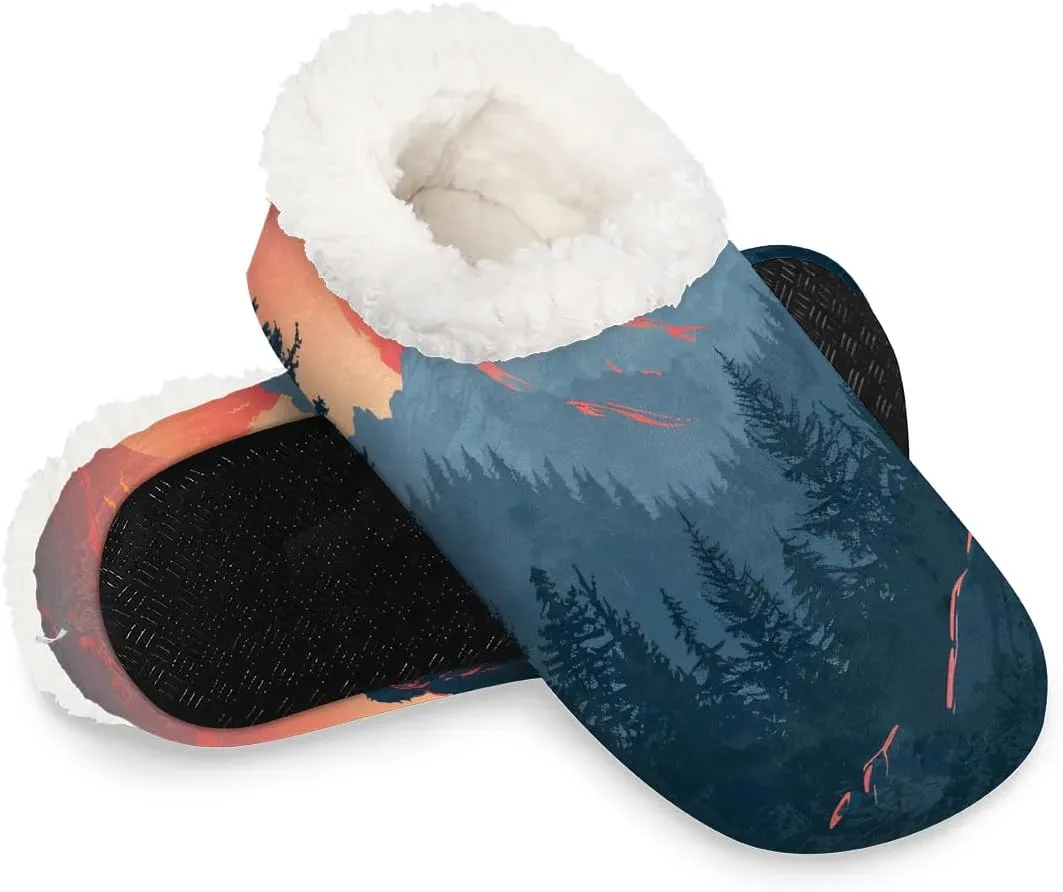 KOBLEN Sunset Mountain Tree Slippers for Women House Shoes with Fleece Lining Wide Comfy Full Slippers Lightweight Cozy Loafer with Rubber Sole Unisex Slippers Adults for Indoor Outdoor