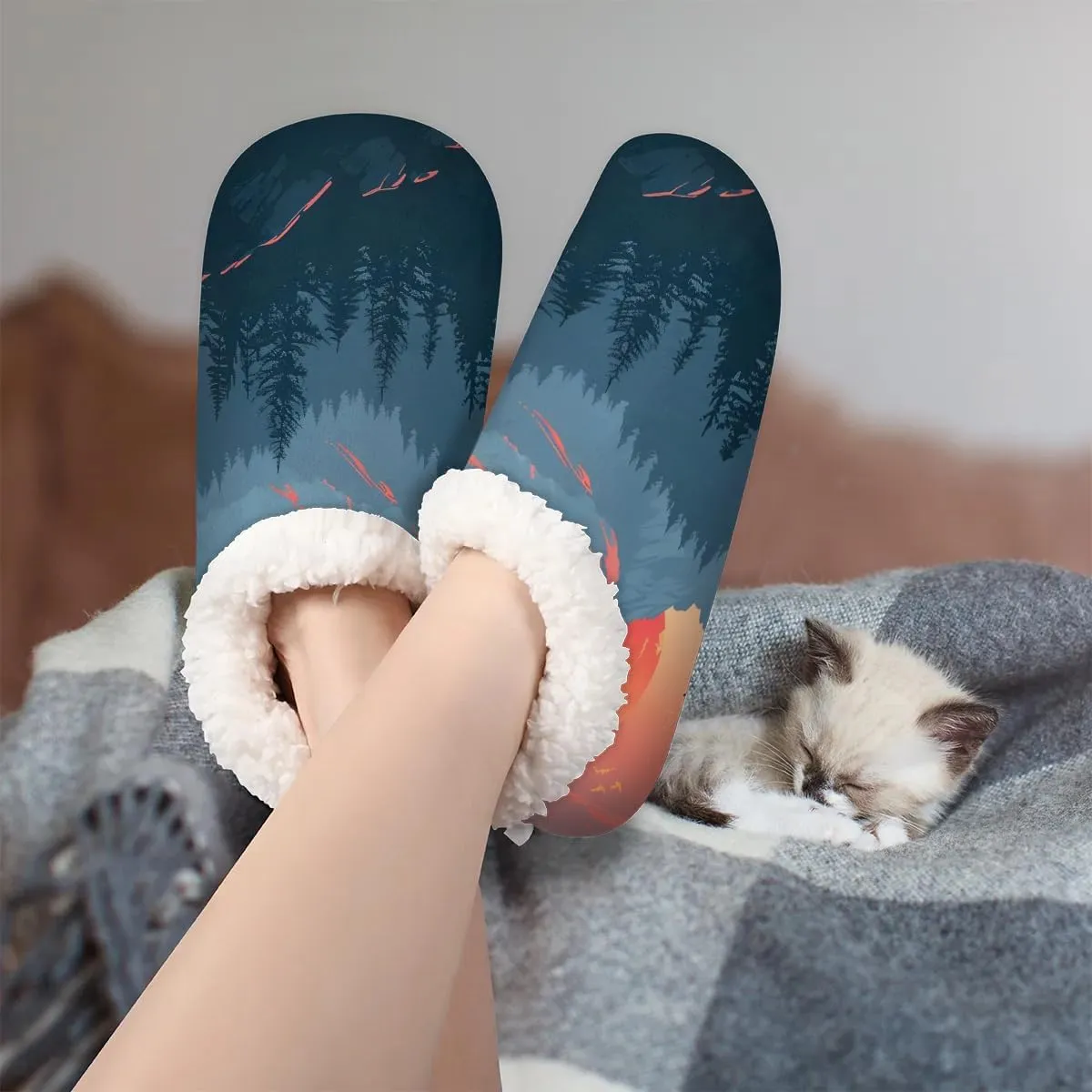 KOBLEN Sunset Mountain Tree Slippers for Women House Shoes with Fleece Lining Wide Comfy Full Slippers Lightweight Cozy Loafer with Rubber Sole Unisex Slippers Adults for Indoor Outdoor