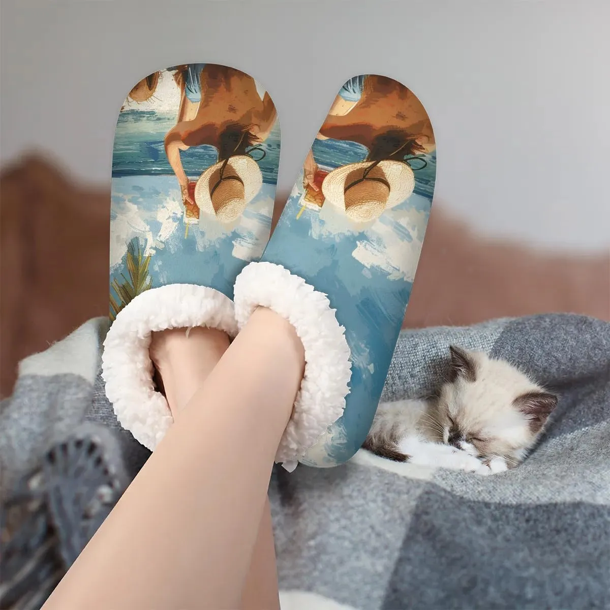 KOBLEN Vacation Coconut Tree Slippers for Women House Shoes with Fleece Lining Wide Comfy Full Slippers Lightweight Cozy Loafer with Rubber Sole Unisex Slippers Adults for Indoor Outdoor