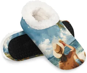 KOBLEN Vacation Coconut Tree Slippers for Women House Shoes with Fleece Lining Wide Comfy Full Slippers Lightweight Cozy Loafer with Rubber Sole Unisex Slippers Adults for Indoor Outdoor
