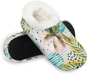 KOBLEN Watercolor Palm Tree Slippers for Women House Shoes with Fleece Lining Wide Comfy Full Slippers Lightweight Cozy Loafer with Rubber Sole Unisex Slippers Adults for Indoor Outdoor
