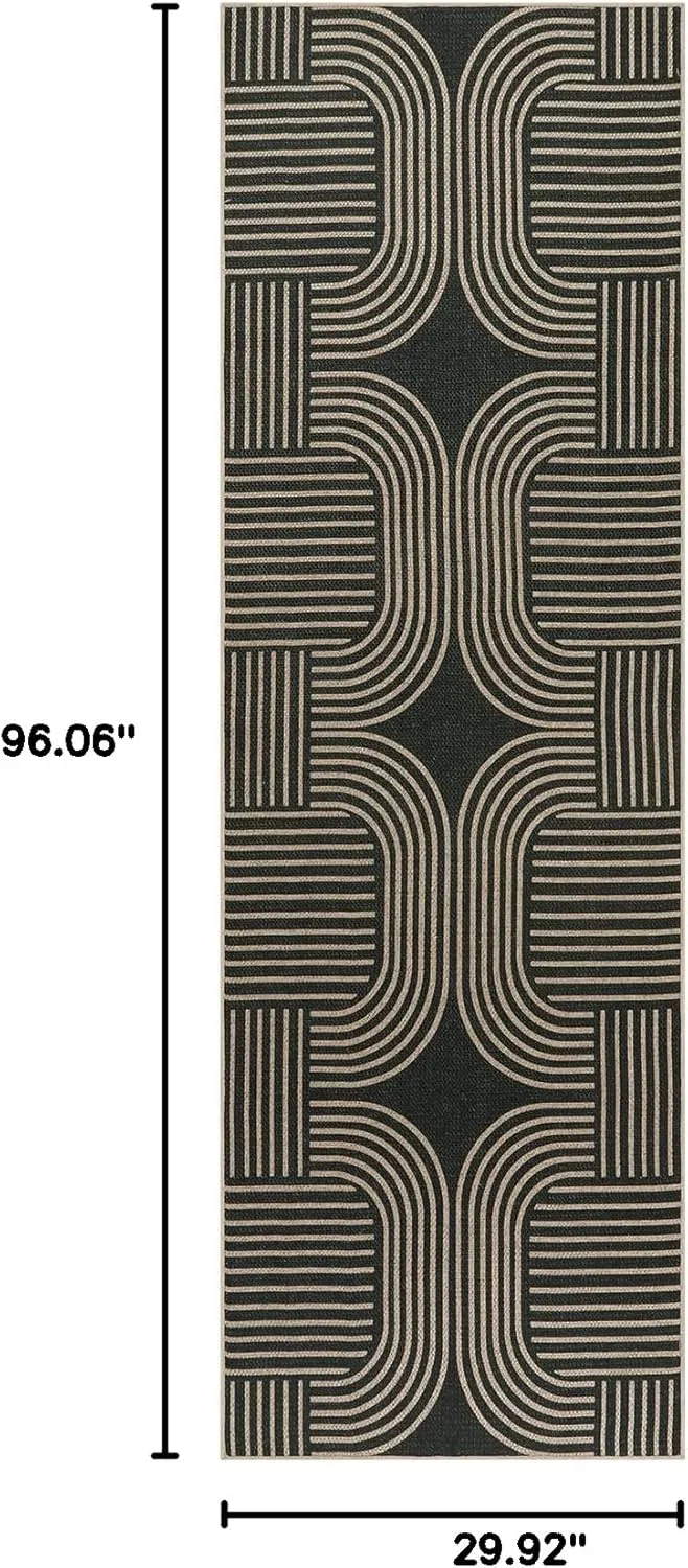 Lahome Modern Geometric Black Runner Rug, 2x8 Indoor Outdoor Hallway Kitchen Runner Rug with Rubber Backing, Farmhouse Washable Non Slip Non Shedding Floor Carpet for Bedroom Entry Patio