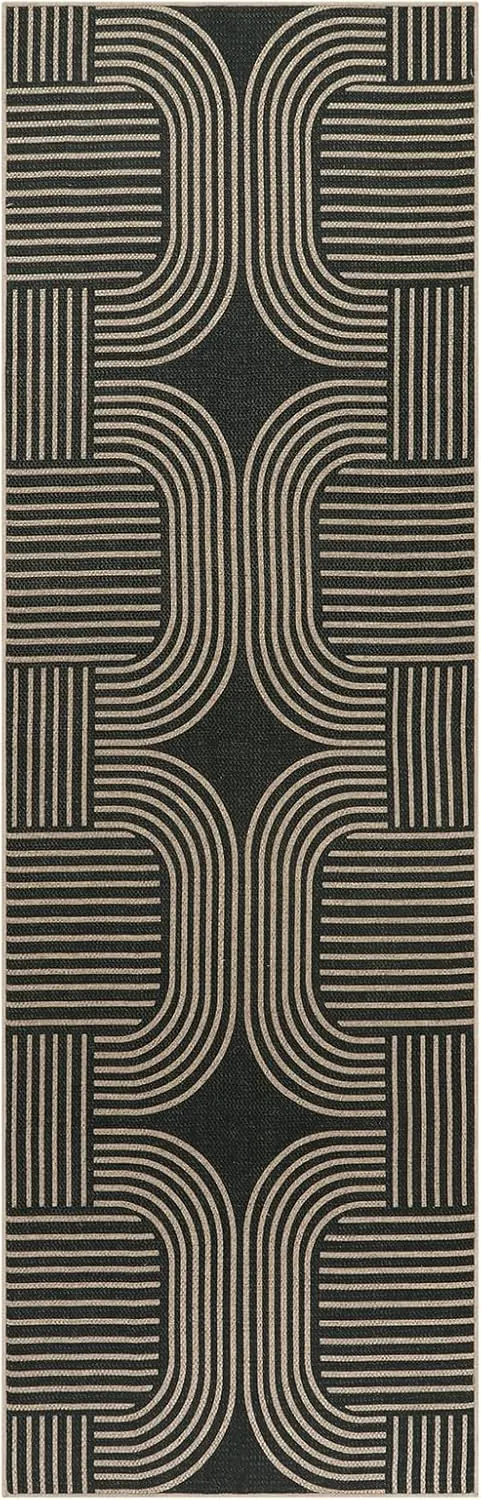 Lahome Modern Geometric Black Runner Rug, 2x8 Indoor Outdoor Hallway Kitchen Runner Rug with Rubber Backing, Farmhouse Washable Non Slip Non Shedding Floor Carpet for Bedroom Entry Patio