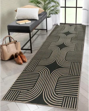 Lahome Modern Geometric Black Runner Rug, 2x8 Indoor Outdoor Hallway Kitchen Runner Rug with Rubber Backing, Farmhouse Washable Non Slip Non Shedding Floor Carpet for Bedroom Entry Patio