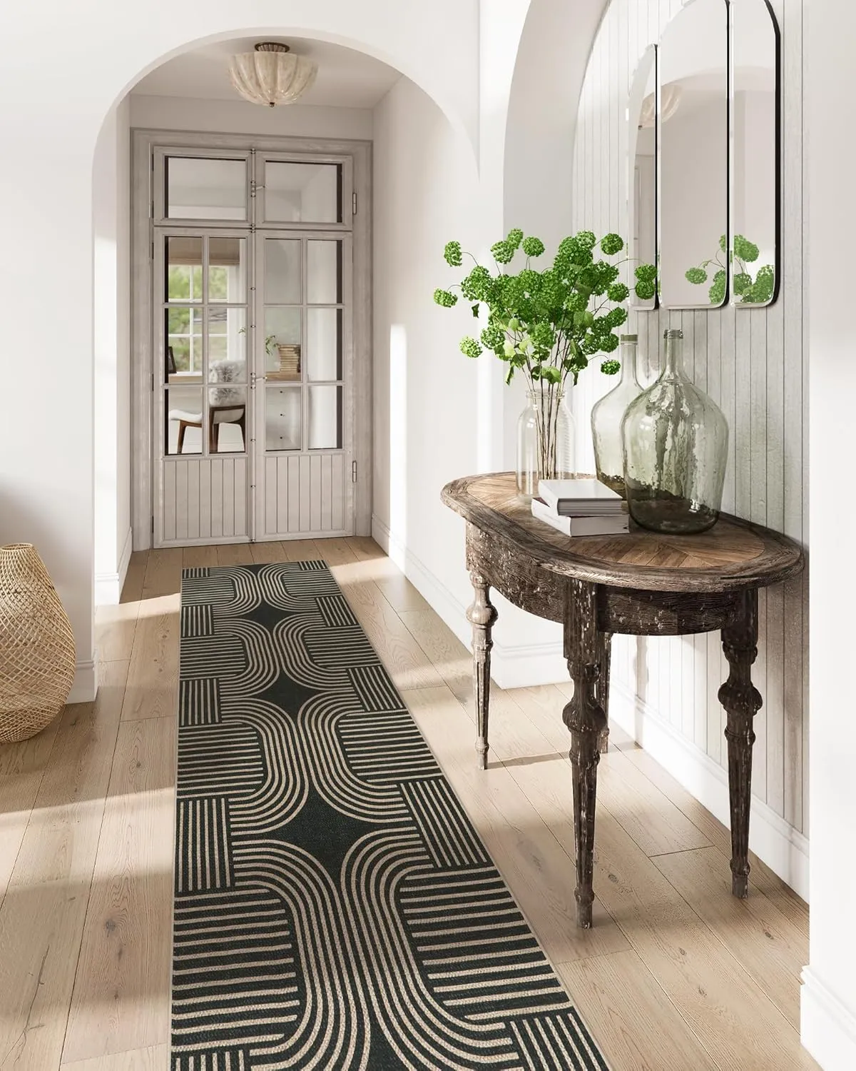 Lahome Modern Geometric Black Runner Rug, 2x8 Indoor Outdoor Hallway Kitchen Runner Rug with Rubber Backing, Farmhouse Washable Non Slip Non Shedding Floor Carpet for Bedroom Entry Patio