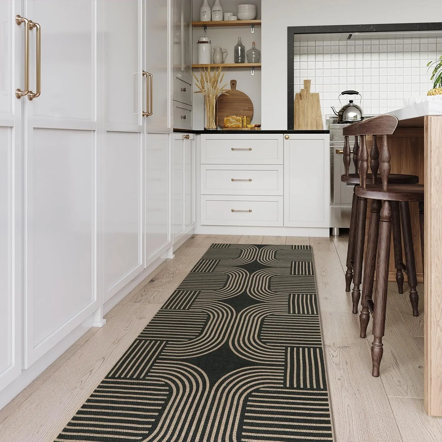 Lahome Modern Geometric Black Runner Rug, 2x8 Indoor Outdoor Hallway Kitchen Runner Rug with Rubber Backing, Farmhouse Washable Non Slip Non Shedding Floor Carpet for Bedroom Entry Patio