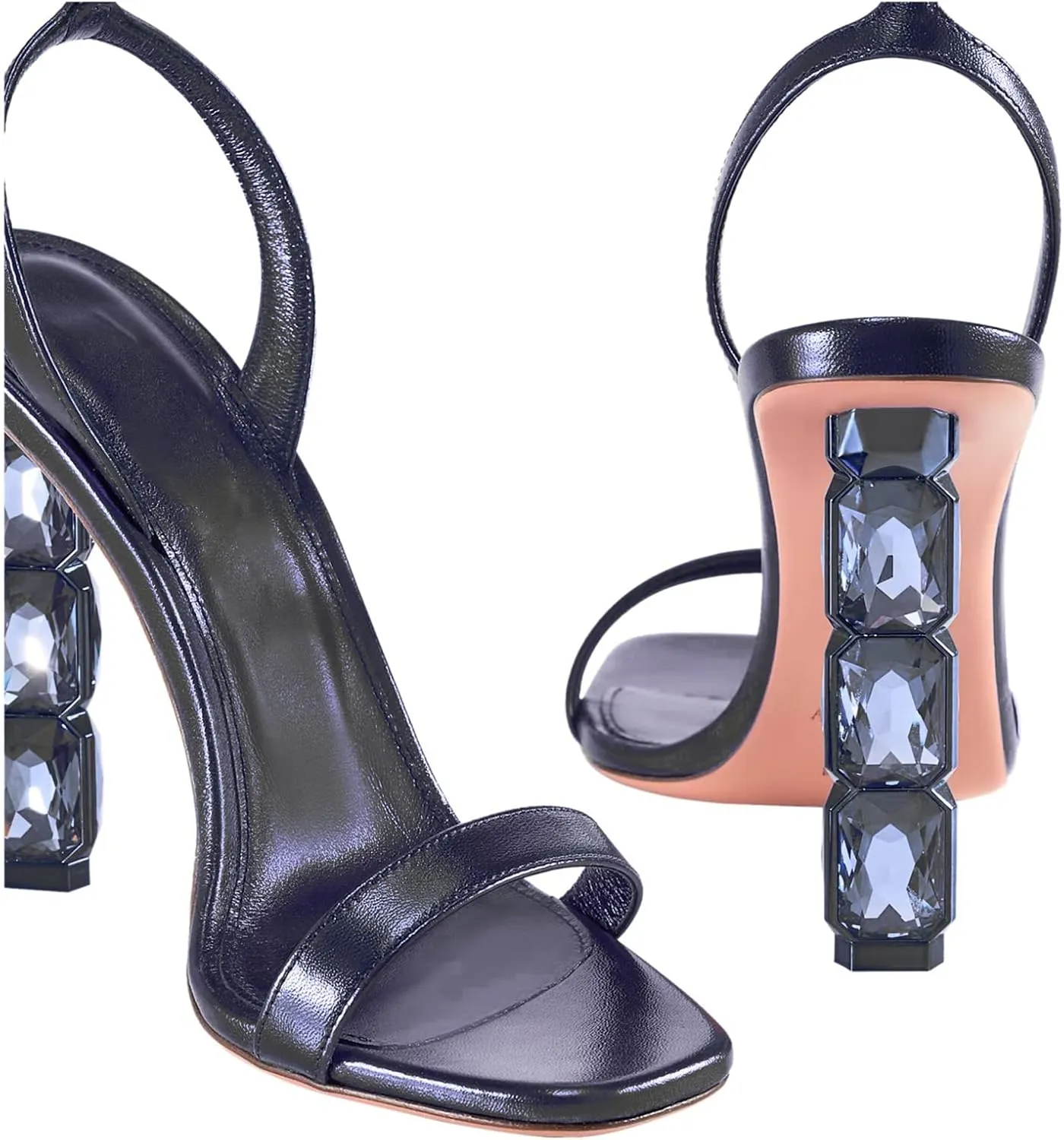 LauraVicci Women Heeled Sandals Ankle Straps Rhinestone Crystal Chunky Block Open Toe Slip on Wedding Slip on Wedding Party Evening Dress Shoes