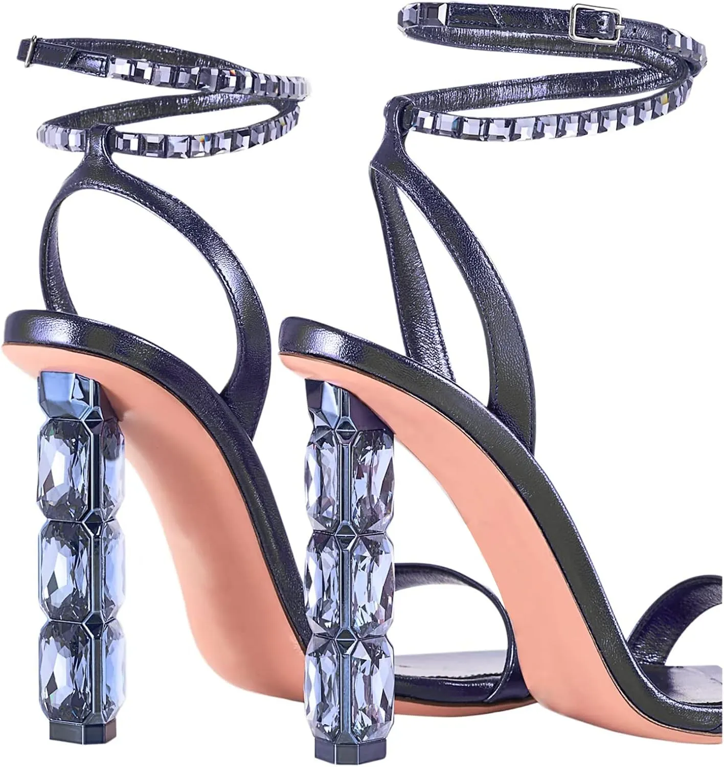 LauraVicci Women Heeled Sandals Ankle Straps Rhinestone Crystal Chunky Block Open Toe Slip on Wedding Slip on Wedding Party Evening Dress Shoes