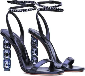 LauraVicci Women Heeled Sandals Ankle Straps Rhinestone Crystal Chunky Block Open Toe Slip on Wedding Slip on Wedding Party Evening Dress Shoes