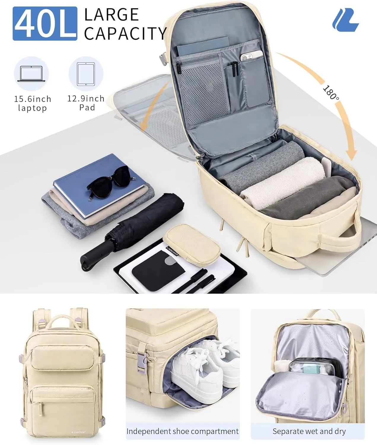 LIVACASA Waterproof Travel Backpack for Women, 40L Airline Approved Carry on Laptop Backpack with Compartment and USB Port