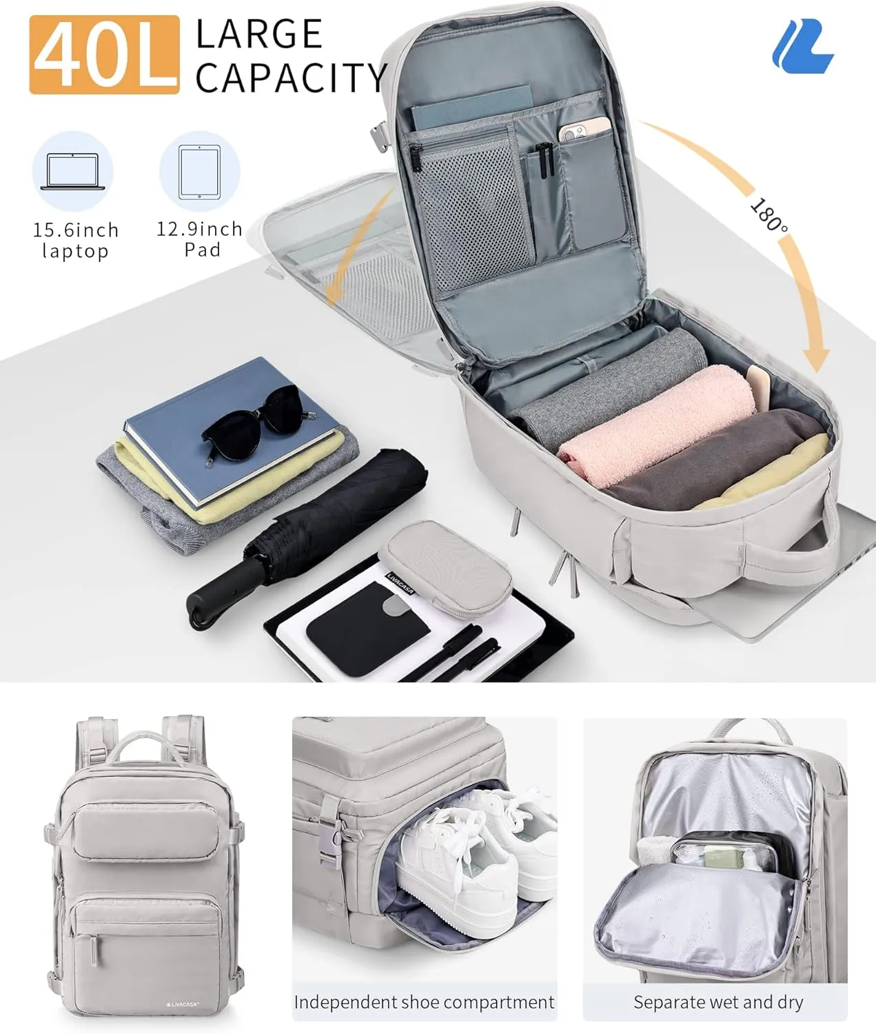 LIVACASA Waterproof Travel Backpack for Women, 40L Airline Approved Carry on Laptop Backpack with Compartment and USB Port