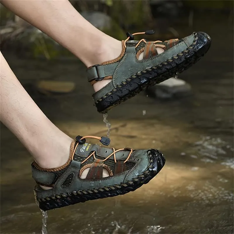 LLTMALL Men's Walking Sandals Closed Toe Breathable Sandals Leather Lace Adjustable Summer Water Sandals Shoes