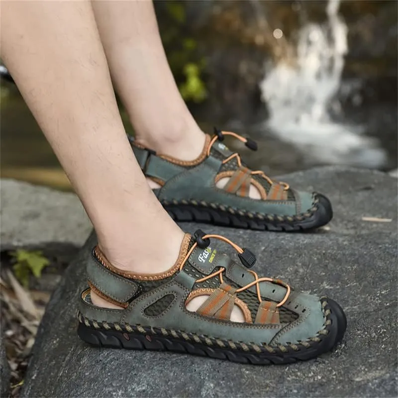 LLTMALL Men's Walking Sandals Closed Toe Breathable Sandals Leather Lace Adjustable Summer Water Sandals Shoes