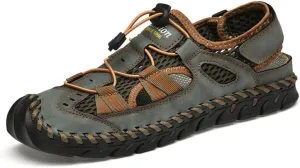 LLTMALL Men's Walking Sandals Closed Toe Breathable Sandals Leather Lace Adjustable Summer Water Sandals Shoes