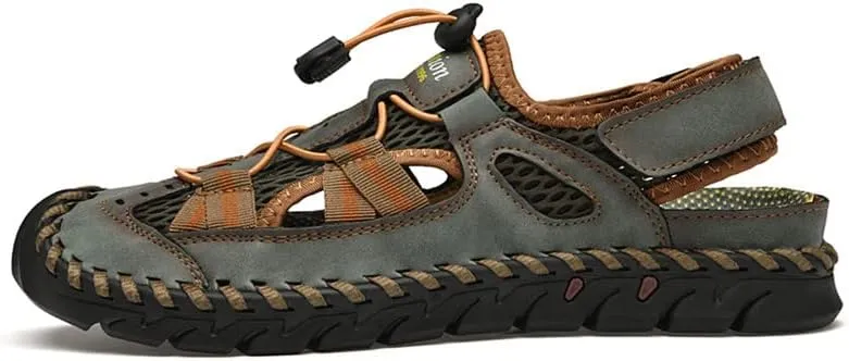 LLTMALL Men's Walking Sandals Closed Toe Breathable Sandals Leather Lace Adjustable Summer Water Sandals Shoes
