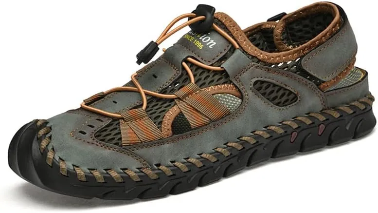 LLTMALL Men's Walking Sandals Closed Toe Breathable Sandals Leather Lace Adjustable Summer Water Sandals Shoes