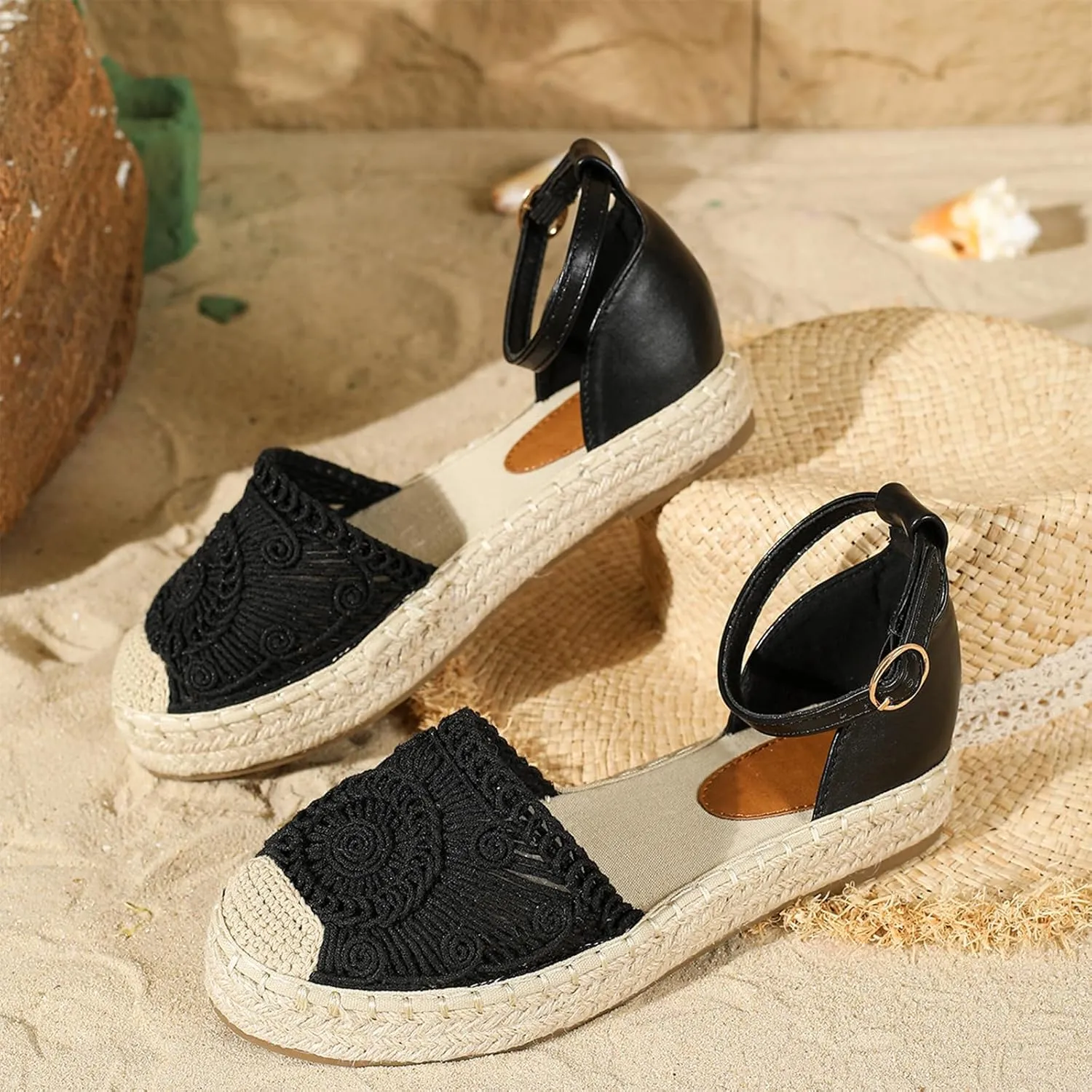 Lossarye Women's Platform Closed Toe Espadrille Sandals Adjustable Ankle Strap Comfortable Round Toe Breathable Flat Sandals for Summer Vocation Beach Dressy Shoes