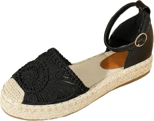 Lossarye Women's Platform Closed Toe Espadrille Sandals Adjustable Ankle Strap Comfortable Round Toe Breathable Flat Sandals for Summer Vocation Beach Dressy Shoes