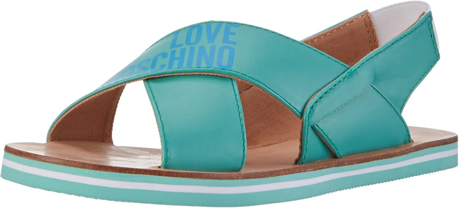 Love Moschino Turquoise CRIS Cross Heart Flat Sandal for Womens