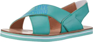 Love Moschino Turquoise CRIS Cross Heart Flat Sandal for Womens