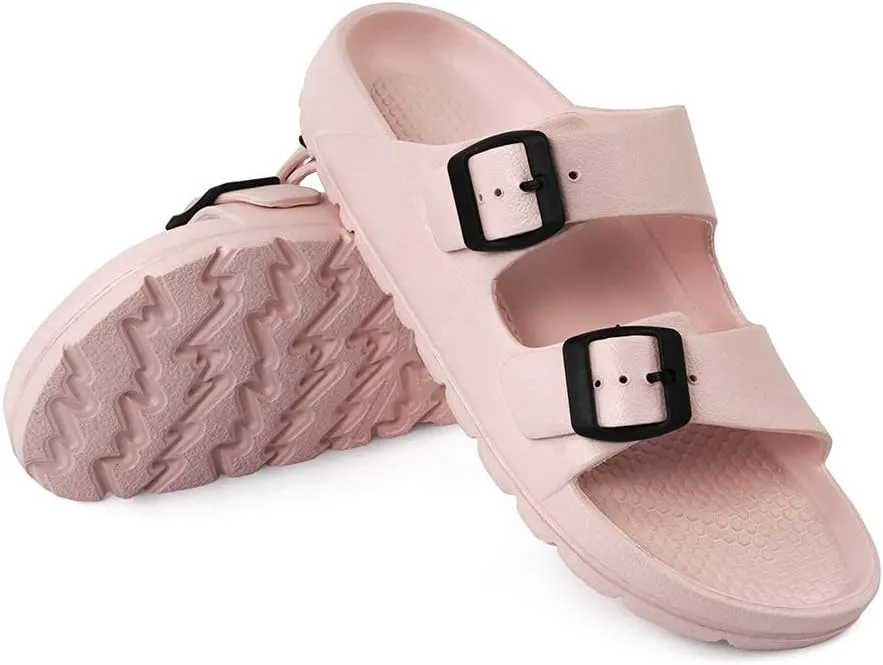 Luffymomo Adjustable Slip on Eva Double Buckle Slides Comfort Footbed Thong Sandals for Womens