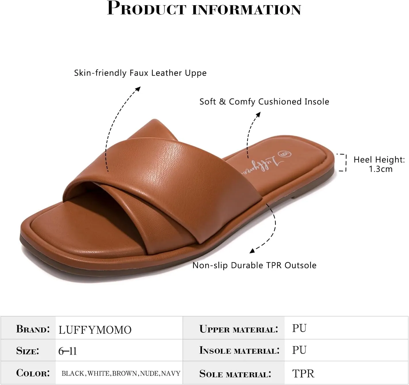 Luffymomo Womens Square Toe Flat Sandals Soft Leather Slide Sandals Cute Slip on Slippers for Summer