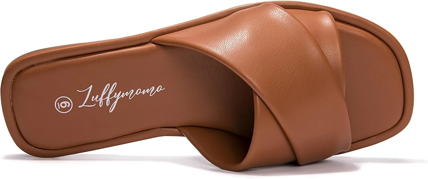 Luffymomo Womens Square Toe Flat Sandals Soft Leather Slide Sandals Cute Slip on Slippers for Summer