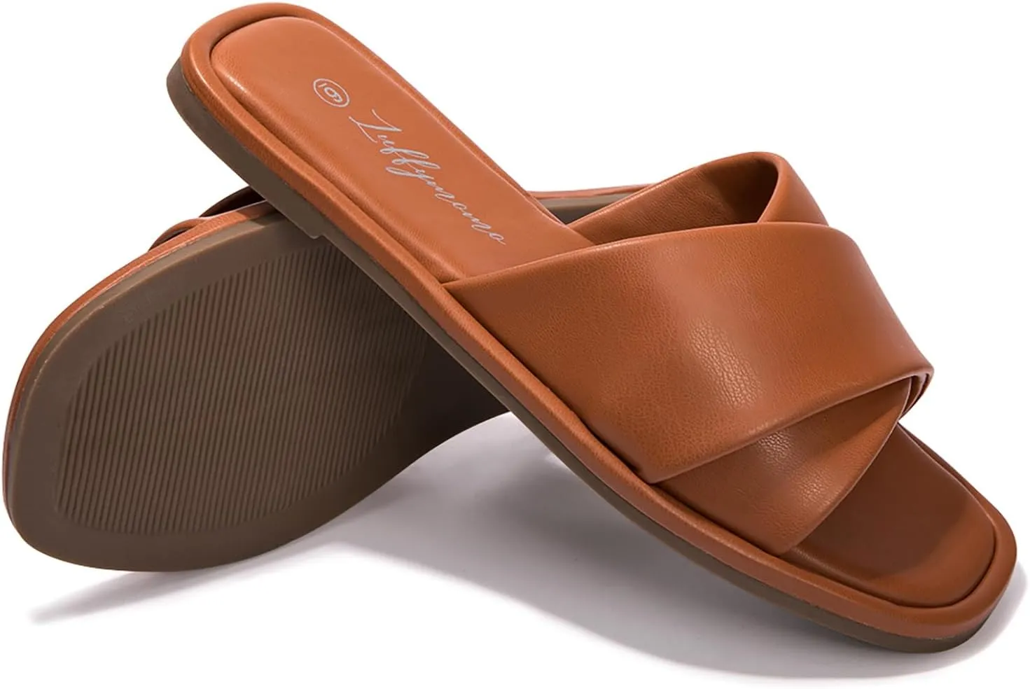Luffymomo Womens Square Toe Flat Sandals Soft Leather Slide Sandals Cute Slip on Slippers for Summer