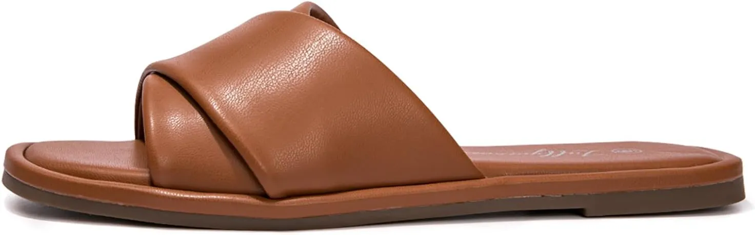 Luffymomo Womens Square Toe Flat Sandals Soft Leather Slide Sandals Cute Slip on Slippers for Summer
