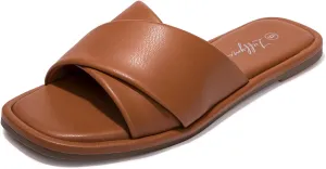 Luffymomo Womens Square Toe Flat Sandals Soft Leather Slide Sandals Cute Slip on Slippers for Summer