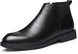 Men's Genuine Leather Slip-On Chelsea Boots with Side Zipper Classic Round Toe Soft Bottom Low Block Heel Dress Ankle Boots Casual Anti-Slip Bootie