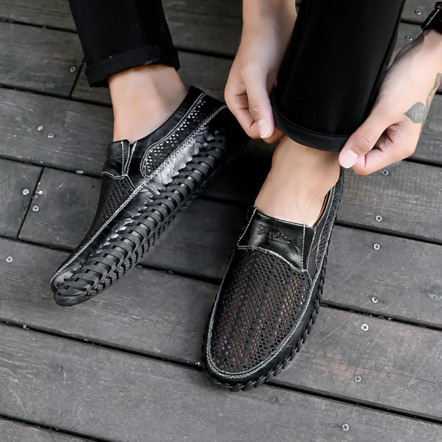 Mens Hollow Mesh Slip-On Loafers Handmade Soft Non-Slip Sole Casual Round Toe Breathable Outdoor Walking Driving Flats Sandals