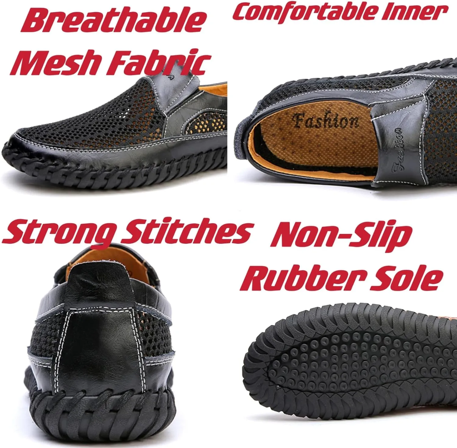 Mens Hollow Mesh Slip-On Loafers Handmade Soft Non-Slip Sole Casual Round Toe Breathable Outdoor Walking Driving Flats Sandals