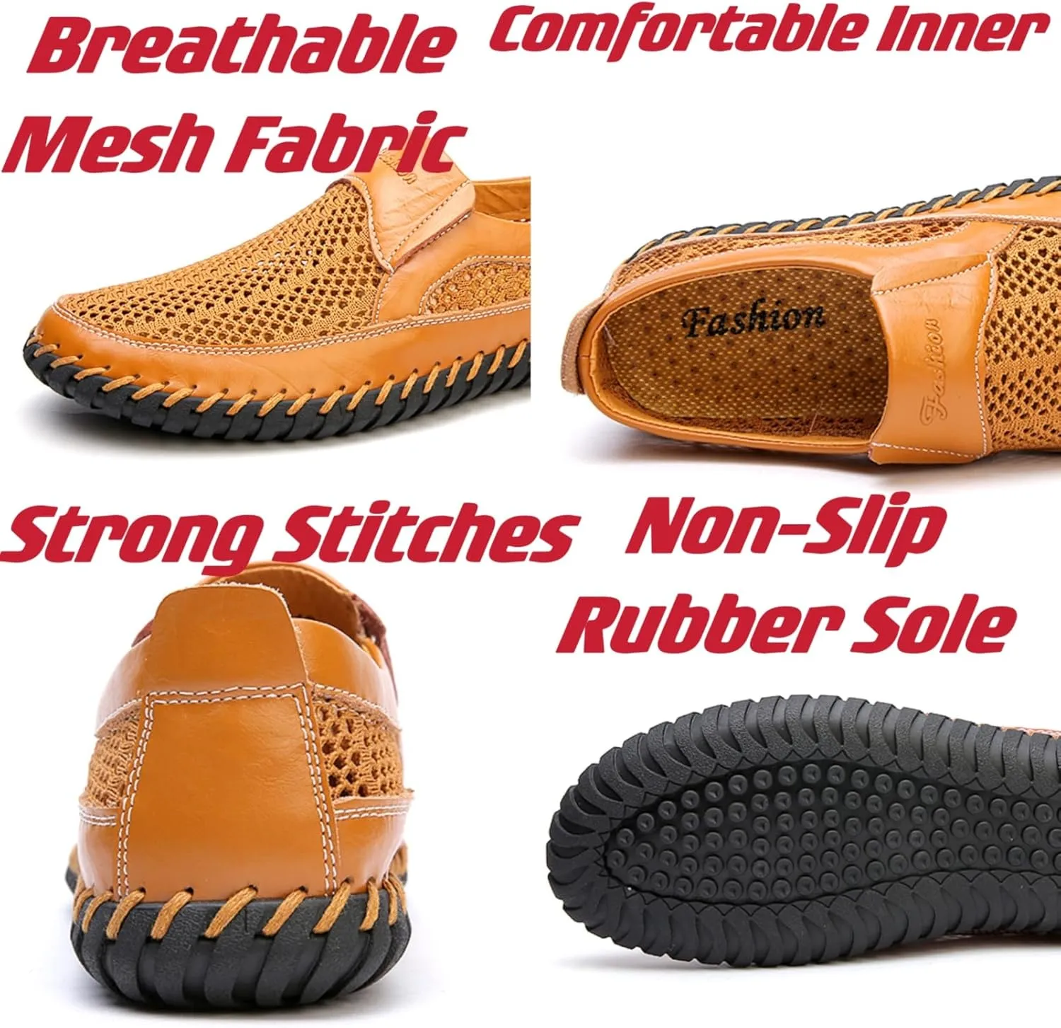 Mens Hollow Mesh Slip-On Loafers Handmade Soft Non-Slip Sole Casual Round Toe Breathable Outdoor Walking Driving Flats Sandals