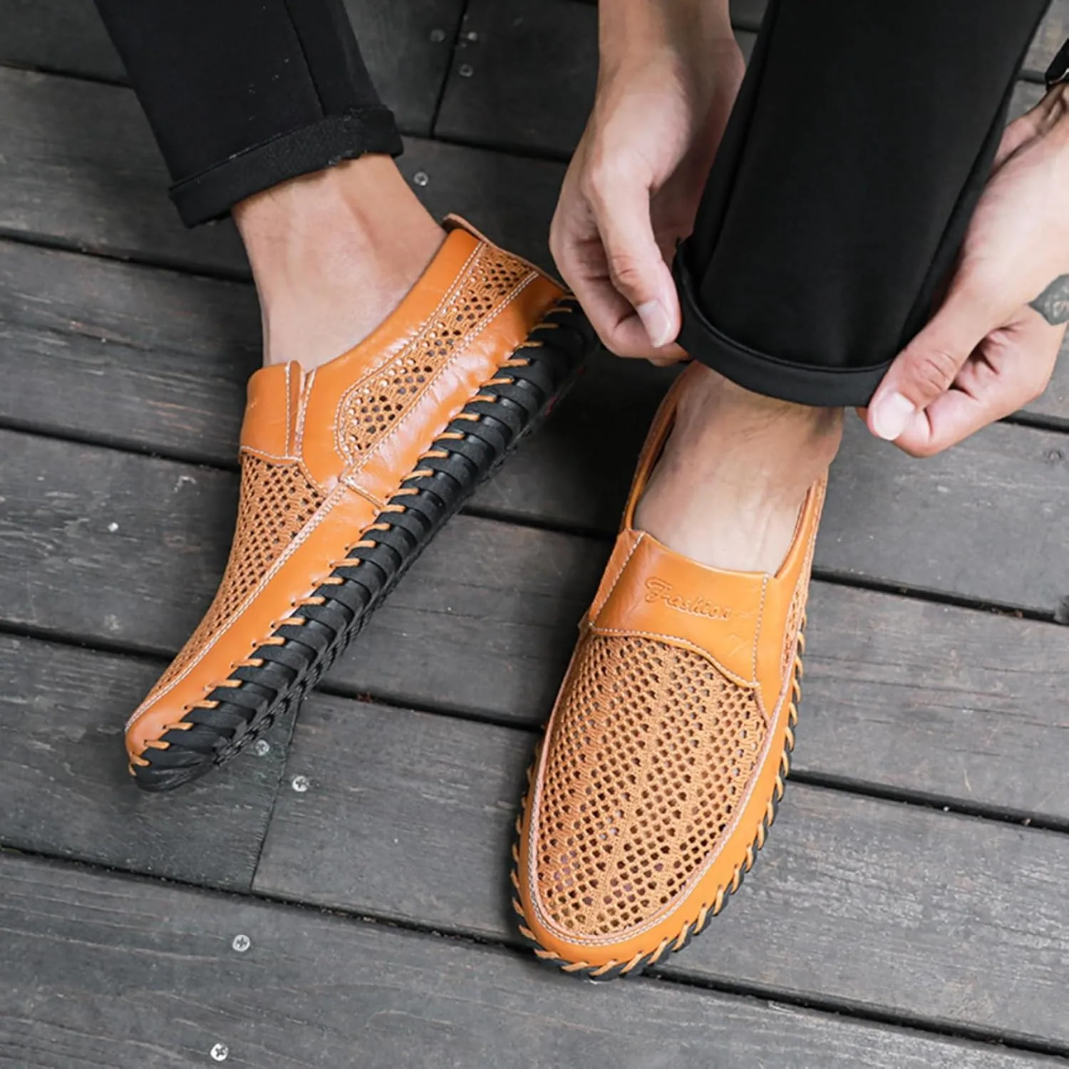 Mens Hollow Mesh Slip-On Loafers Handmade Soft Non-Slip Sole Casual Round Toe Breathable Outdoor Walking Driving Flats Sandals