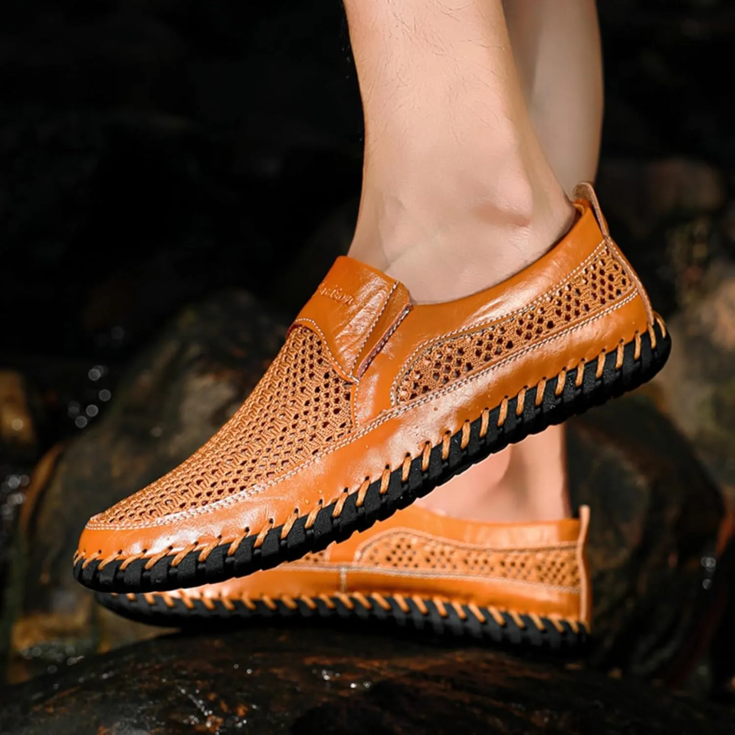 Mens Hollow Mesh Slip-On Loafers Handmade Soft Non-Slip Sole Casual Round Toe Breathable Outdoor Walking Driving Flats Sandals
