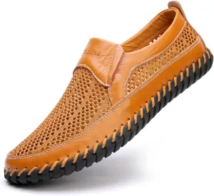 Mens Hollow Mesh Slip-On Loafers Handmade Soft Non-Slip Sole Casual Round Toe Breathable Outdoor Walking Driving Flats Sandals