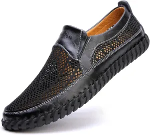 Mens Hollow Mesh Slip-On Loafers Handmade Soft Non-Slip Sole Casual Round Toe Breathable Outdoor Walking Driving Flats Sandals