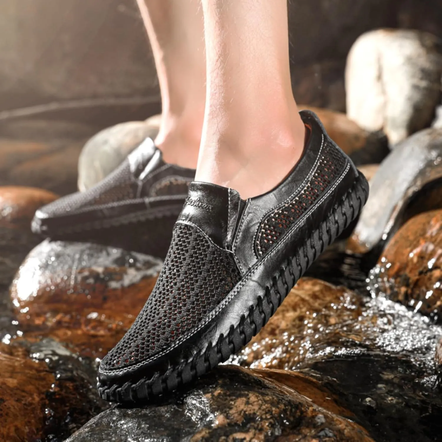 Mens Hollow Mesh Slip-On Loafers Handmade Soft Non-Slip Sole Casual Round Toe Breathable Outdoor Walking Driving Flats Sandals