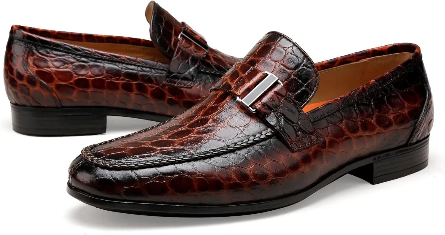 Men's Leather Penny Loafers, Alligator Printed Slip-On Dress Shoes for Mens Casual Shoes Soft Slip On Dress Loafers Bussiness Weddings Shoes