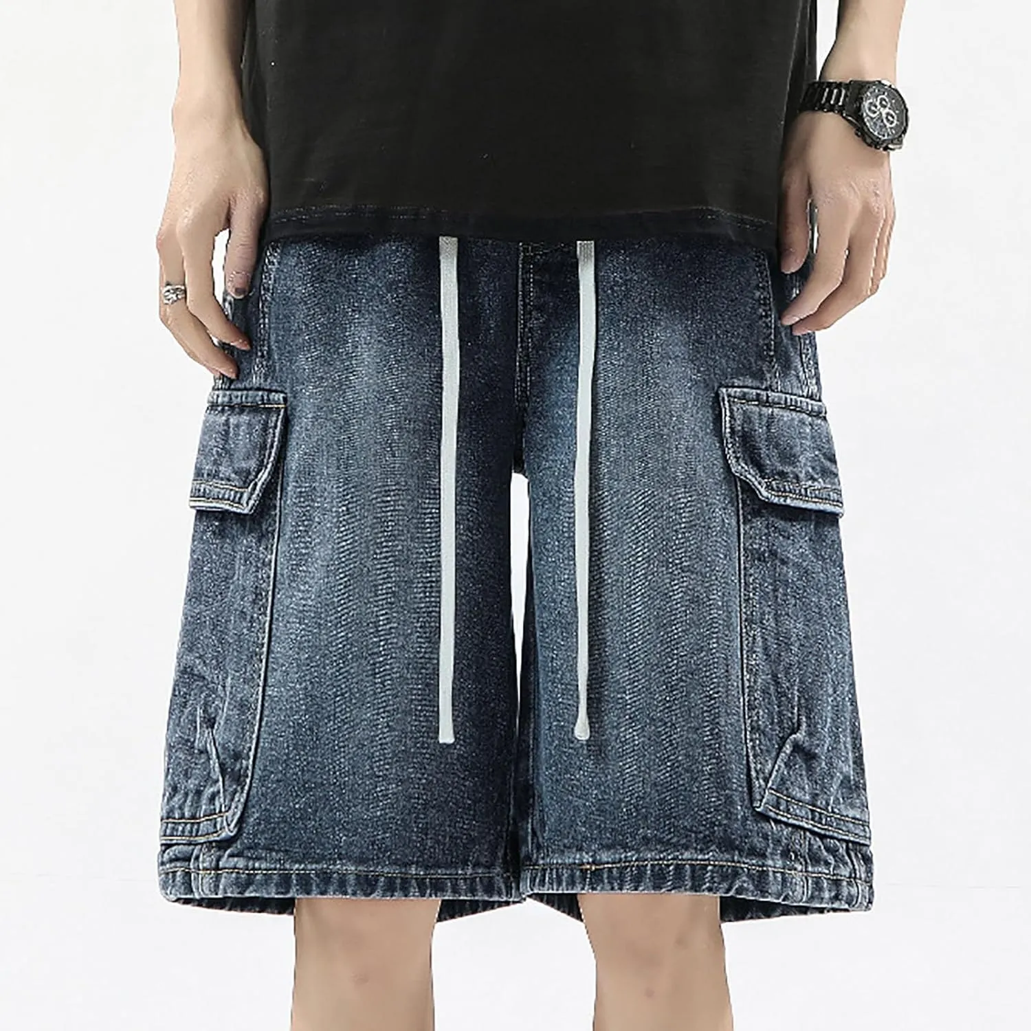 Men's Y2K Vintage Baggy Jean Shorts Summer Casual Hip Hop Long Loose Fit Denim Shorts Trendy Outfits