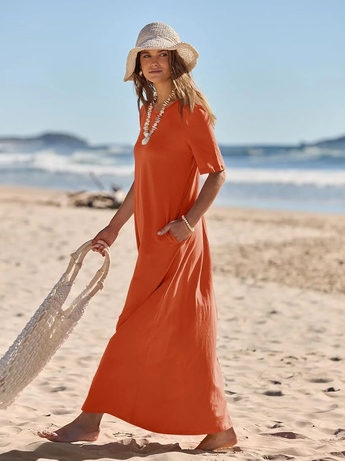MEROKEETY Women's 2025 Spring Summer Casual Maxi Dress Beach Vacation Short Sleeve Crewneck Basic Long T Shirt Dresses